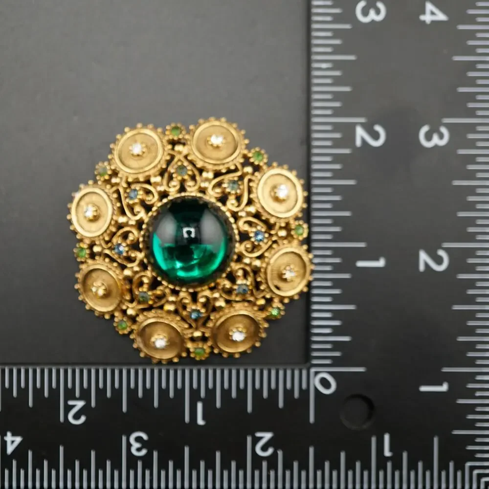 Vintage Florenza Demi Parue Brooch Earrings Green Cabochon Victorian Revival Set